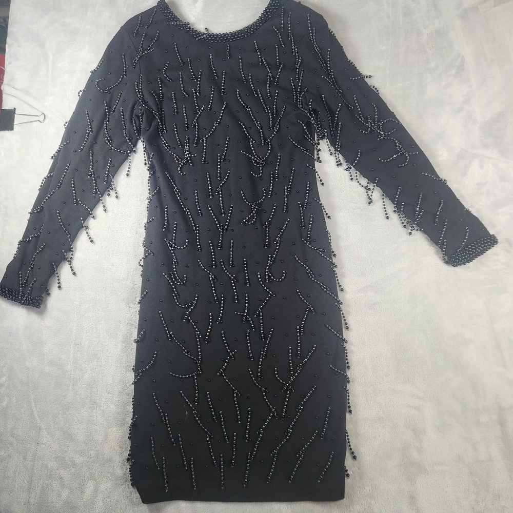 VTG LAURA WINSTON BLACK BEADED FLAPPER TYPE 3/4‎ SLEEVE COCKTAIL DRESS S